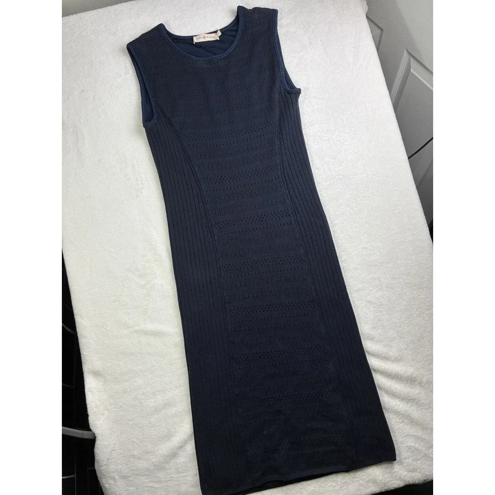 Tory Burch Womens Pointelle Knit Tank Dress Large Navy Blue Midi Quiet Luxury